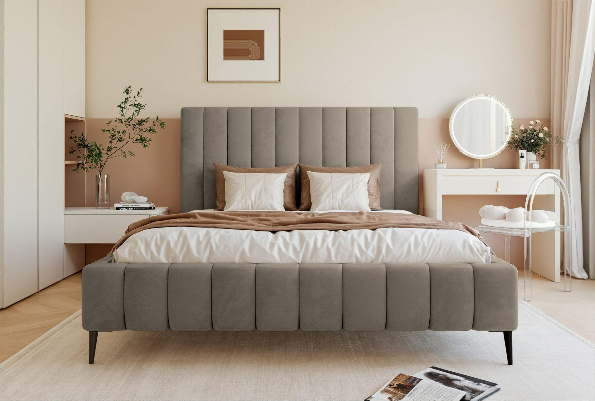 POLSTERBETT Fiarro mit Metallfüßen, Graubeige, Velours, 160x200 cm - Taupe, Textil/Metall (160/200cm) - Selsey