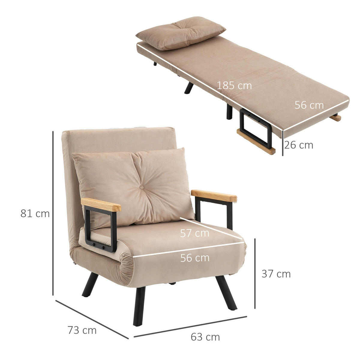 SCHLAFSESSEL Polyester Samtoptik mit Bettfunktion, verstellbarer Lehne 63/73/81 cm Beige - Beige, Textil (73/81/63cm) - Redom