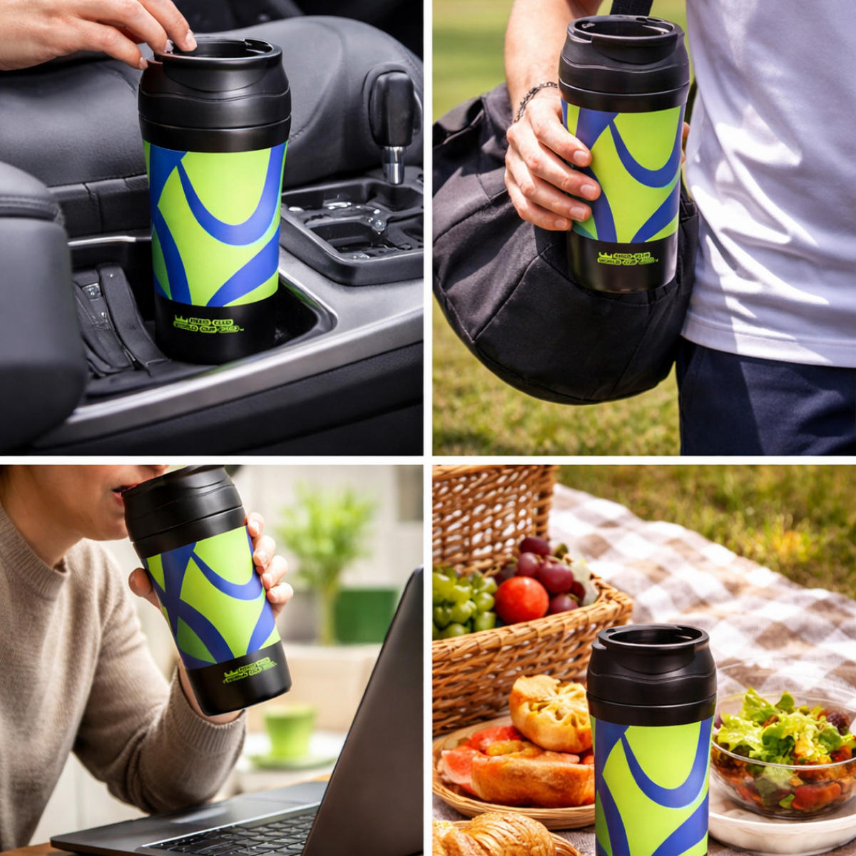 THERMOSFLASCHE 293 Schwarz, 400 ml, Edelstahl, Isolierflasche, Trinkflasche, Thermobecher, Heiß Kalt, Coffee To Go, Reisebecher, Sport, Büro - Schwarz/Grün, Kunststoff/Metall (0.4L) - JUNG