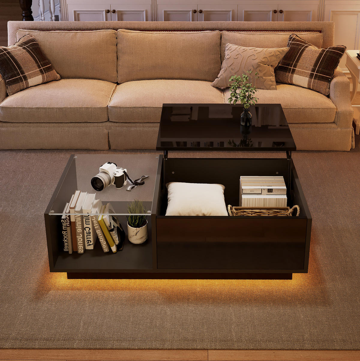 COUCHTISCH aus Spanplatte 100x50x33-46,5 cm in Schwarz mit LED-Beleuchtung - Schwarz, Holzwerkstoff (100/50/46.5cm) - Modfu