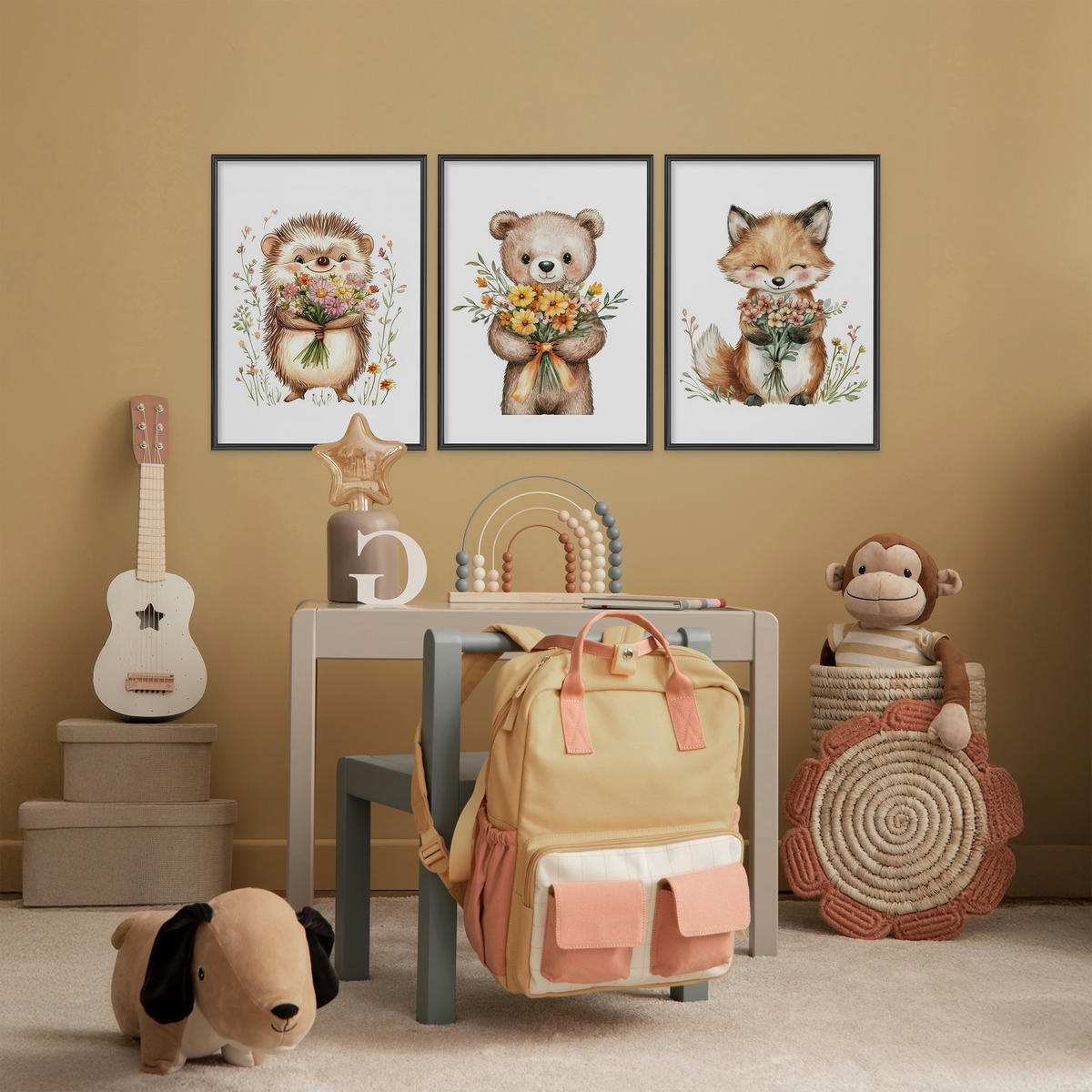 POSTER SET ohne Rahmen für Kinder WALDTIERE Blumen Pflanzen 3x Poster A4 21x30cm - Gelb/Beige, Papier (21/30/1cm) - Muralo