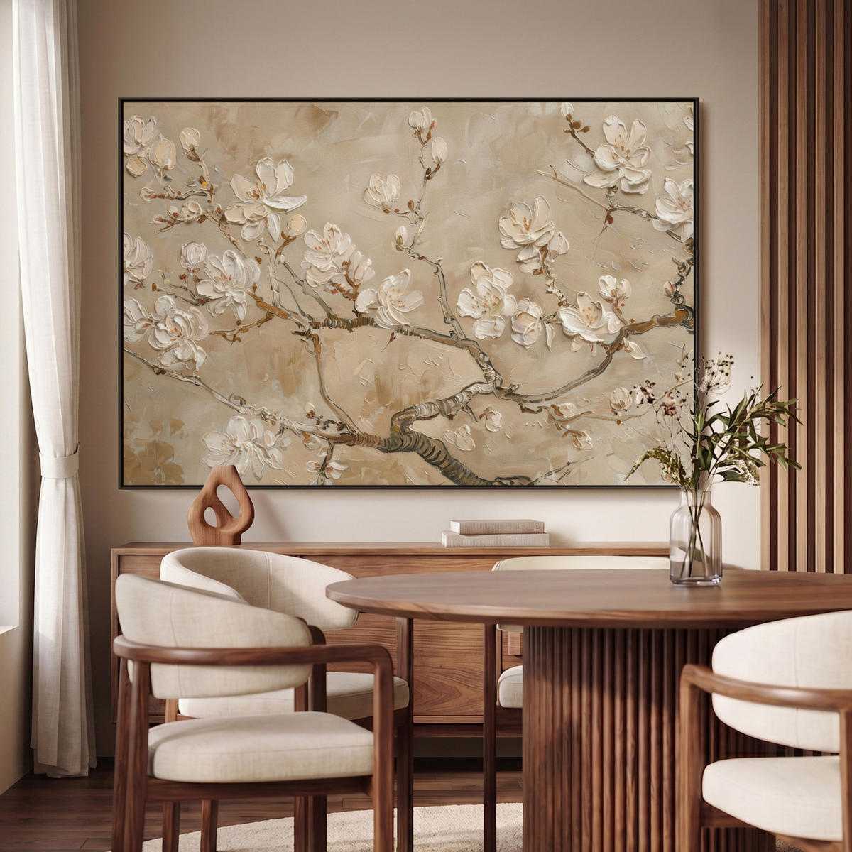 LEINWAND Bilder mit Rahmen - Blumen - Modern - Beige - Weiß - Blüte - 120x80 - Beige, Textil (120/80cm) - MuchoWow