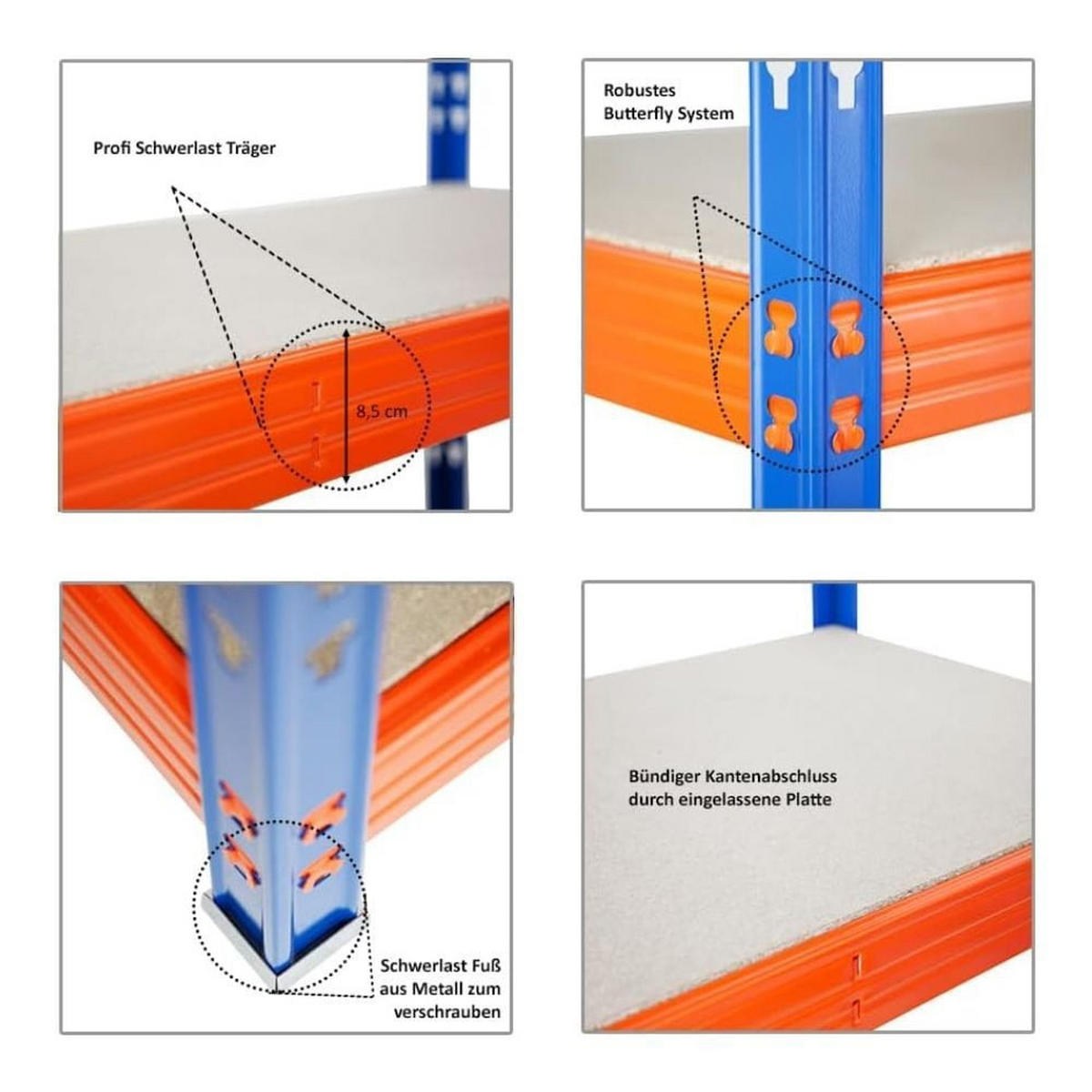 SCHWERLASTREGAL 3er-Set Rhino 180x240x60cm 4 Spanplatten-Ebenen 8mm Fachlast 450kg Blau/Orange - Orange, Metall (720/180/60cm) - PROREGAL