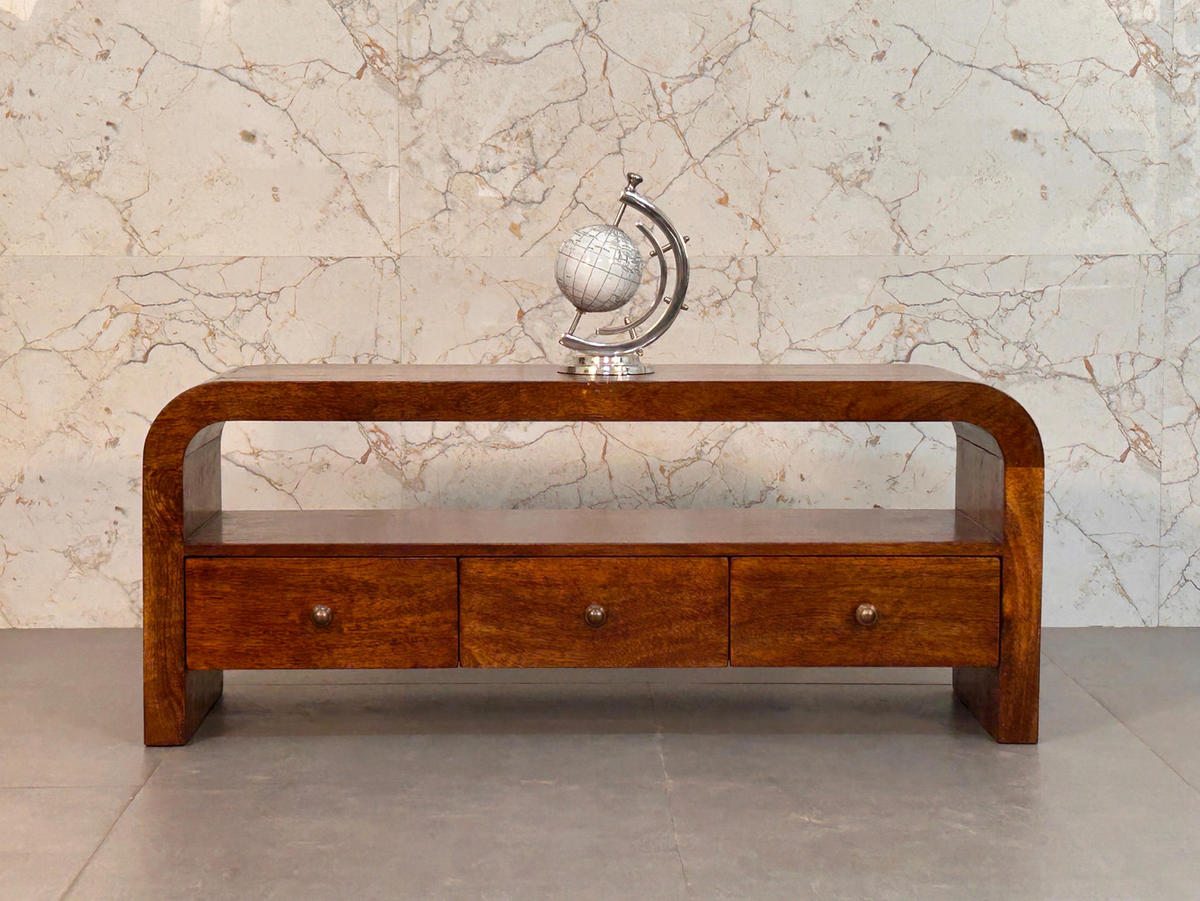 TV-MÖBEL Darcy Kastanie, 3 Schubladen und Offenes Regal, Dunkelbraun - Dunkelbraun/Messingfarben, Holz/Metall (110/45/35cm) - Artisan Furniture