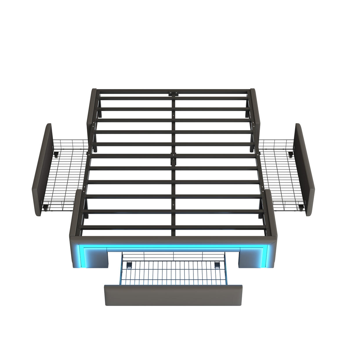 BETTGESTELL 160/200 cm grau mit Schubladen und LED-Lichtleiste - Grau, Kunststoff (160/200cm) - OKWISH