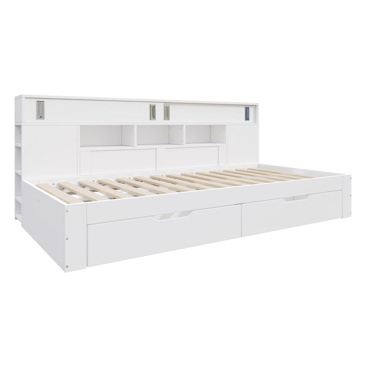 KINDERBETT aus MDF 140x190 cm Weiß mit 2 Schubladen, Schiebetürenschrank und verstellbaren Regalen - Weiß, Holzwerkstoff (140/190cm) - Modfu