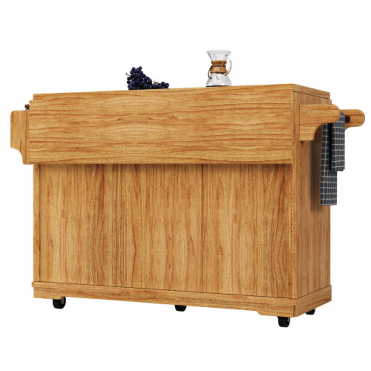 KÜCHENINSEL 142,5×40-80×95 cm aus MDF, Metall und PE-Rattan mit beidseitig klappbarer Tischverlängerung, dunkelbraun - Dunkelbraun, Holzwerkstoff (142.5/95/80cm) - Luhomfu