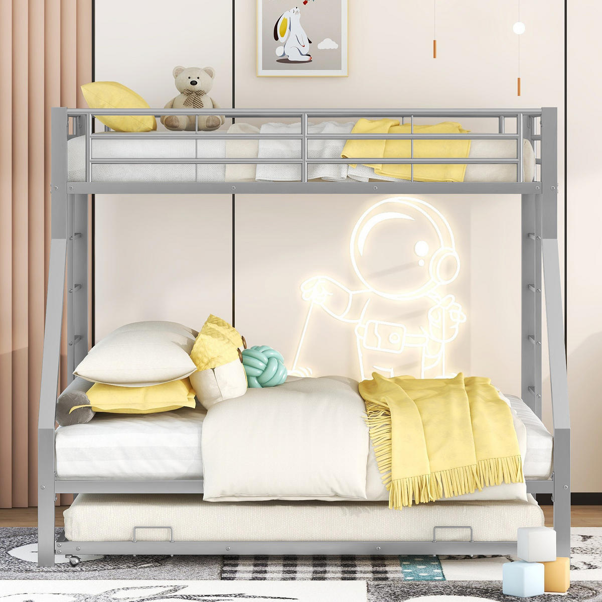 ETAGENBETT 90/200 & 140/200 cm aus Metall mit Ausziehbett in Silber - Silberfarben, Metall (90/190cm) - BEAOK