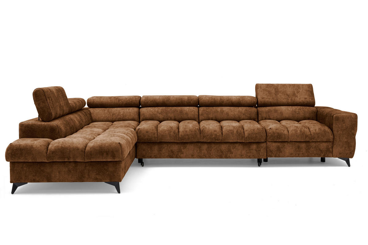 ECKSOFA PUDDING MAXI L Links mit Schlaffunktion 125x195 Velours Hellbraun - Hellbraun/Schwarz, Holz/Textil (350/203cm) - Muffo