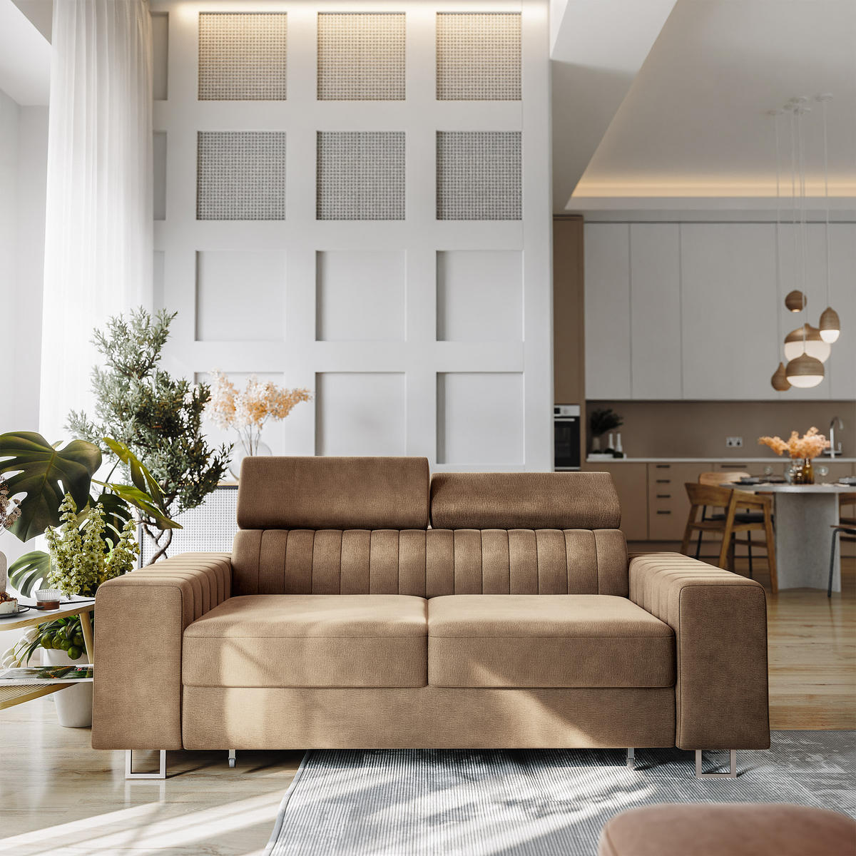 BETTSOFA SOLAN Beige Velours-Stoff mit Schlaffunktion - Beige, Holz/Textil (194/88/90cm) - MASSENO