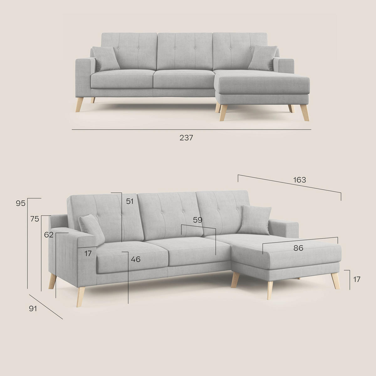 ECKSOFA Danish - Blau, Textil (237/91cm) - Divani.store