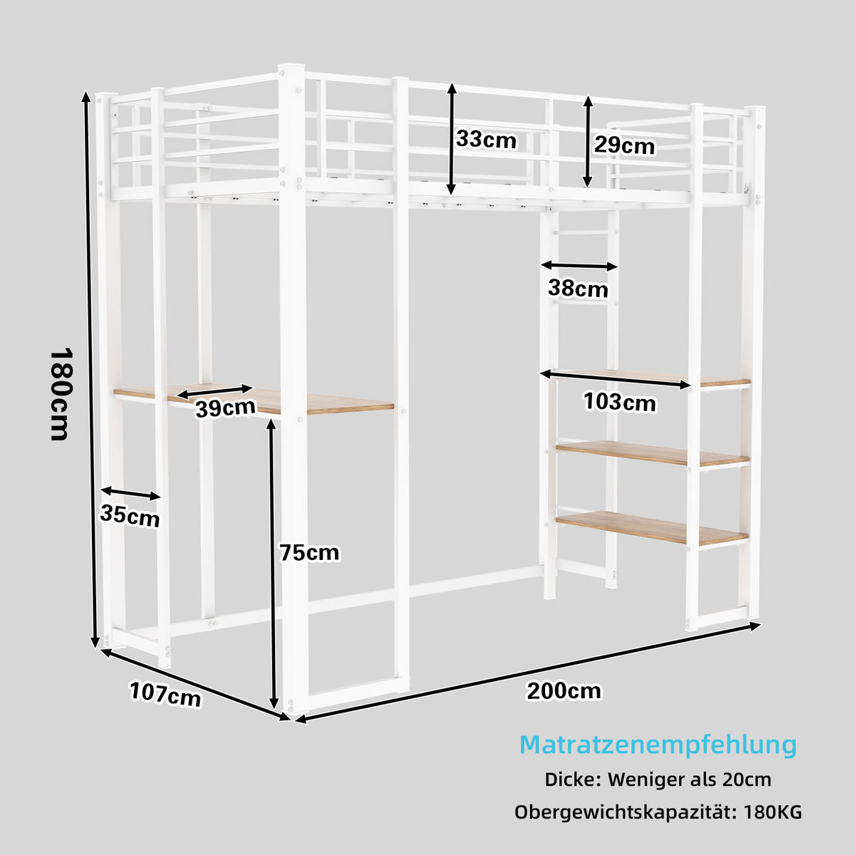 EISENBETT 90x190cm, Bett, Tisch, Geländer, Treppen, Stauraum, Kinder, Jugend - Weiß, Metall (100/200cm)