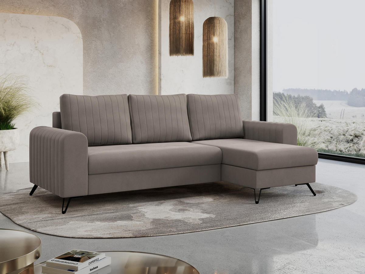 ECKSOFA Axel Samt Hellbraun - Hellbraun/Schwarz, Textil/Metall (242/140cm) - MKS