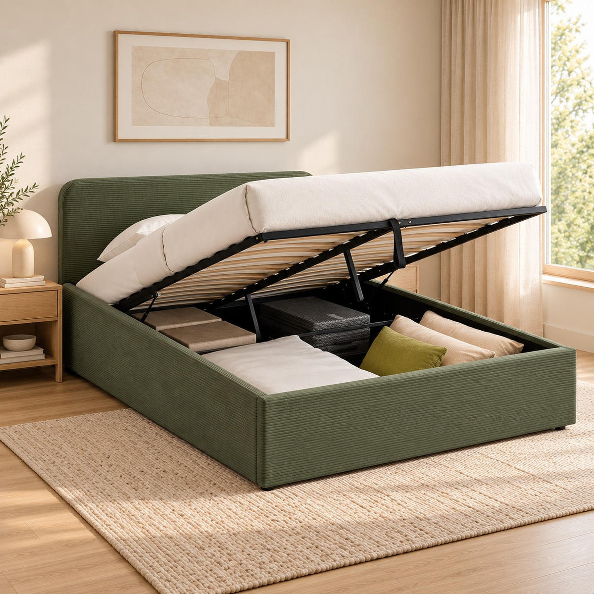 BETT mit Bettkasten 160 x 200 cm mit Kopfteil aus khakifarbenem Cord 170/88/215 cm - Grün, Holz (160/200cm) - Calicosy