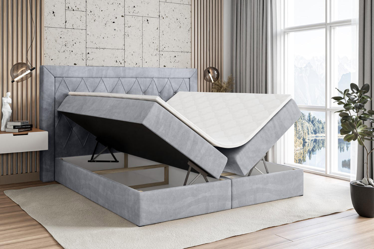 Thumbnail - Altdecor Boxbett, Hellgrau, Holzwerkstoff, Höhe ca. 19 cm, 160x200 cm, Schlafzimmer, Betten, Boxspringbetten