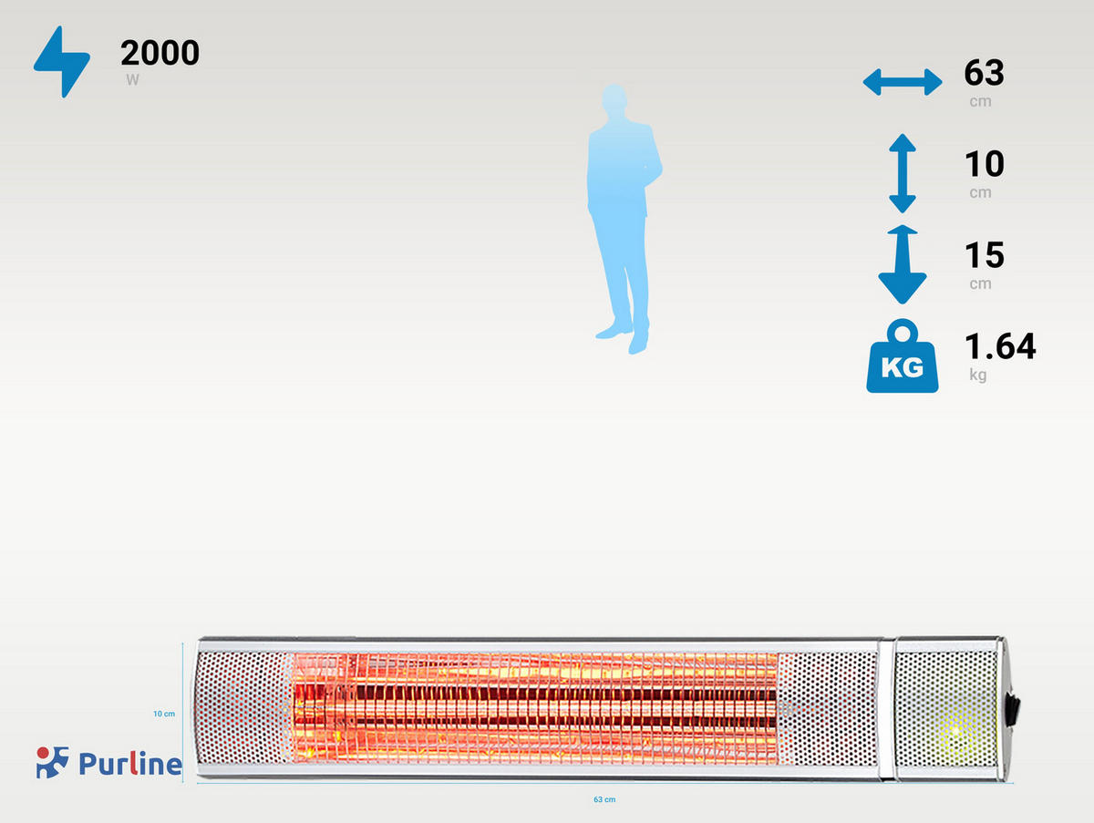 HALOGEN-HEIZUNG für Wandmontage Silber für Außenbereich und Bad 2000 W - Silberfarben, Kunststoff/Metall (63/10/15cm) - Purline