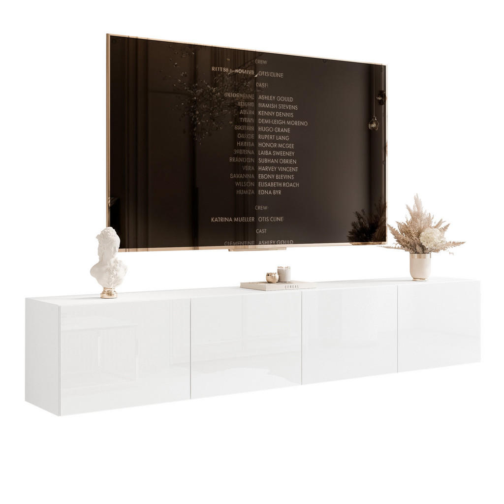 Idohome ZÁVĚSNÁ TV skříňka ANGEL 200 cm s osvětlením BÍLÝ VYSOKÝ LESK