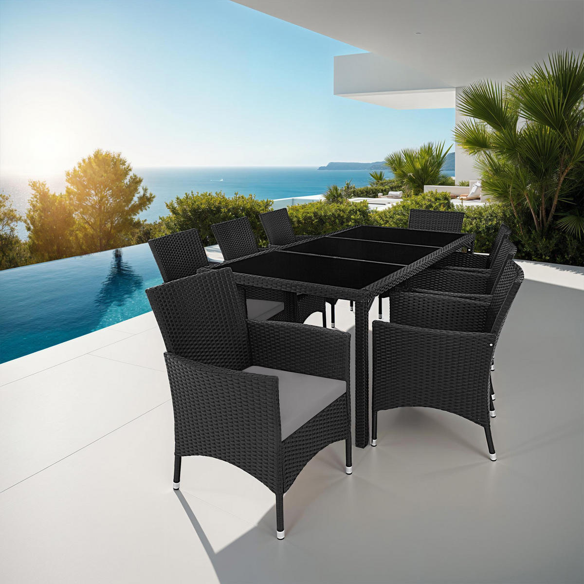 RATTAN SITZGRUPPE Almansa,inklusive Schutzhülle,schwarz/grau - Schwarz/Grau, Kunststoff - tectake