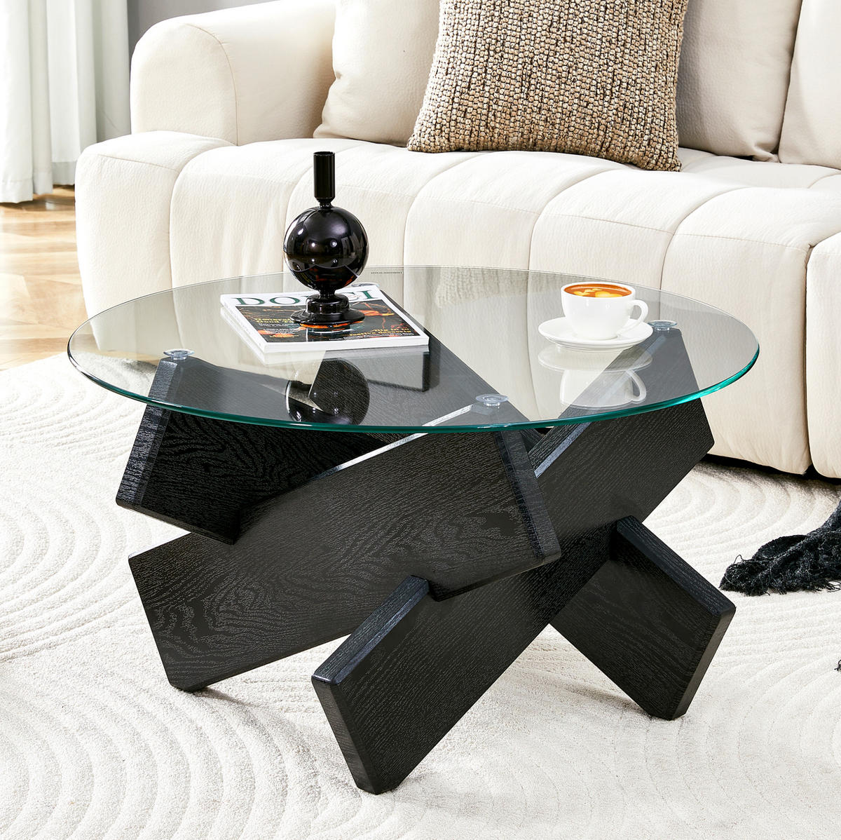 COUCHTISCH 79 cm rund Black und Transparent aus MDF und Glas mit Kreuz-Stütze - Schwarz, Holzwerkstoff (79/79/45cm) - OKWISH