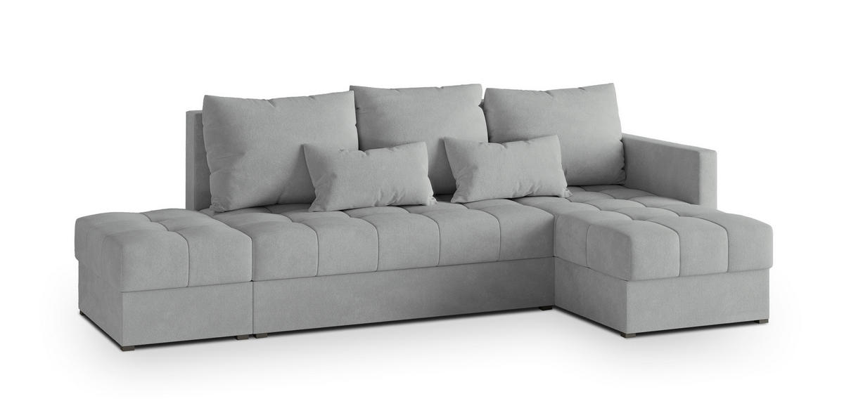 ECKSOFA LUMARI R-S Hellgrau Plüsch-Stoff mit Schlaffunktion - Hellgrau, Holz (262/143cm) - MASSENO