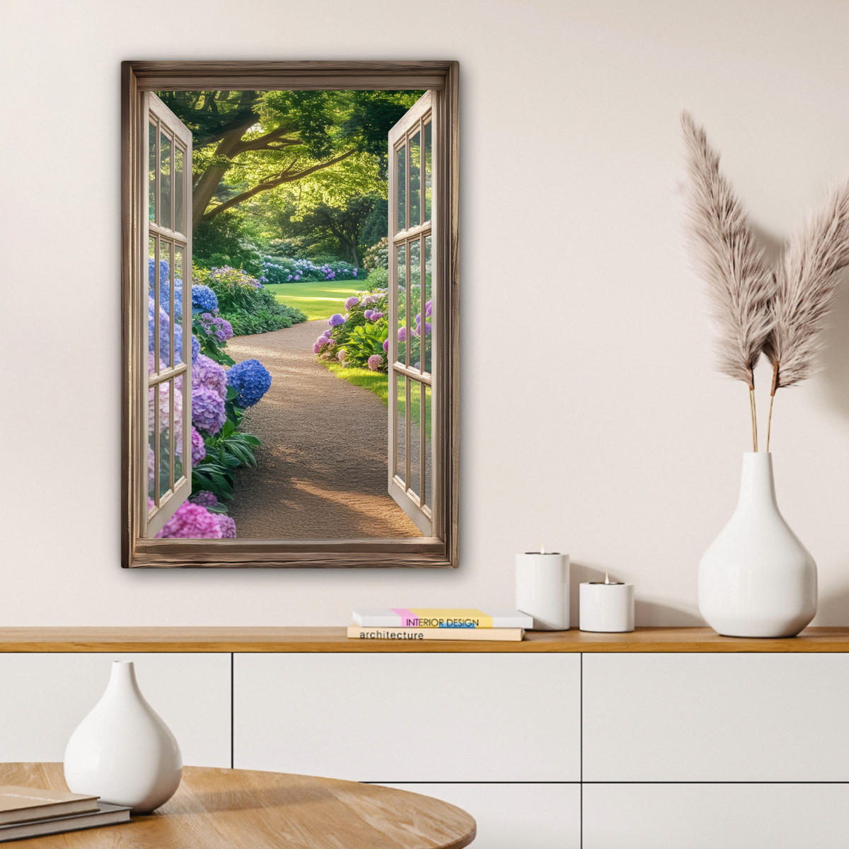 LEINWANDBILD Aussicht - Garten - Fenster - Hortensie - Blumen 40x60 cm - Pastellblau, Textil (40/60cm) - MuchoWow