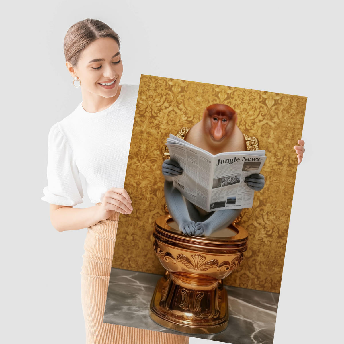 POSTER für WC Badezimmer NASENAFFE mit Zeitung Goldene Toilette Abstraktion 20x30cm - Beige/Orange, Papier (20/30/30cm) - Muralo