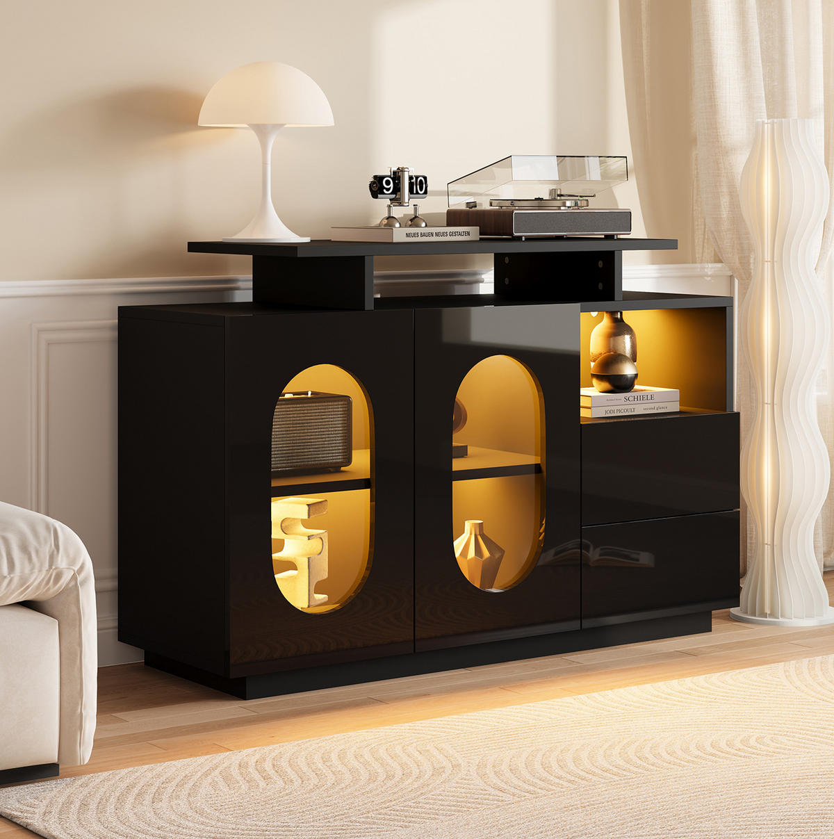 SIDEBOARD aus Holzwerkstoff 120x40x80 cm Schwarz mit LED-Beleuchtung, Glasvitrine und verstellbaren Einlegeböden - Schwarz, Holzwerkstoff (120/80/40cm) - Modfu