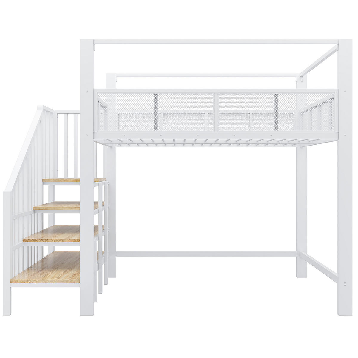 HOCHBETT Weiß 140×200cm mit Baldachin, Stauraumtreppe und freier Arbeitsfläche unter dem Bett - Weiß, Metall (140/200cm) - Luhomfu
