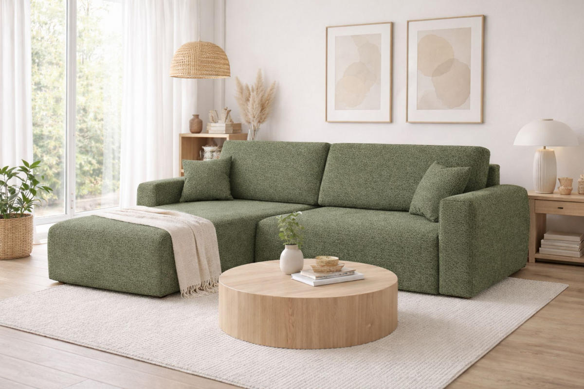 ECKSOFA Mit Schlaffunktion Ariel L, Chenille, Stoff Artico, Moss, Links - Hellgrün, Holz (250/142cm) - Kaiser Möbel