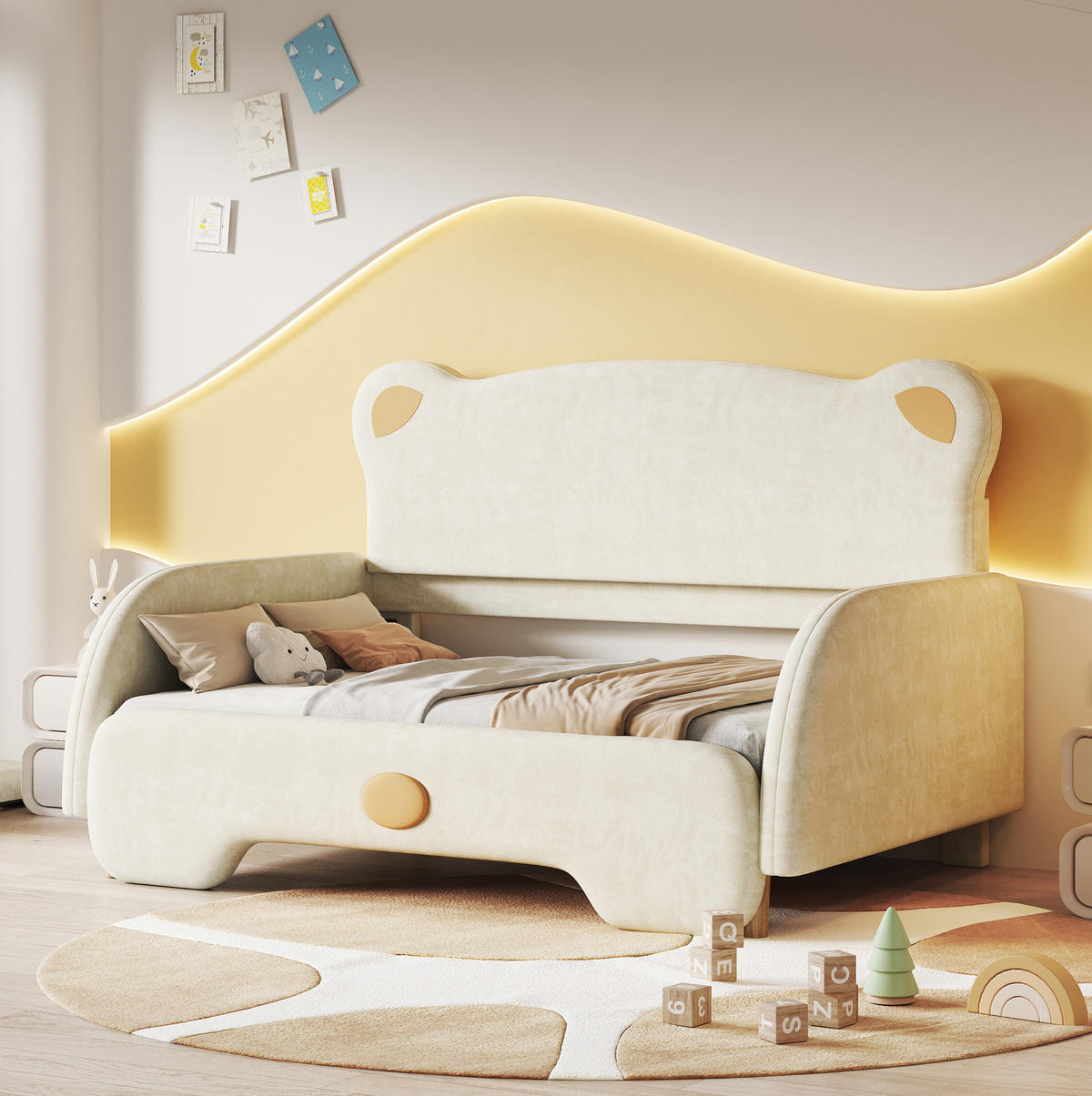 POLSTERBETT 140/200 cm in Beige aus Samt mit Bärendesign - Beige, Textil (140/200cm) - Flora Grace