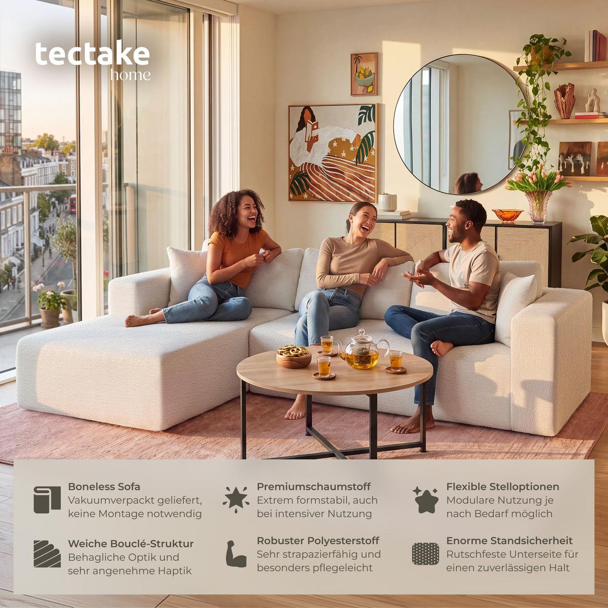SOFA Relax, keine Montage, 250 cm Breite, Bouclé creme - Creme, Kunststoff/Textil (250/162cm) - tectake