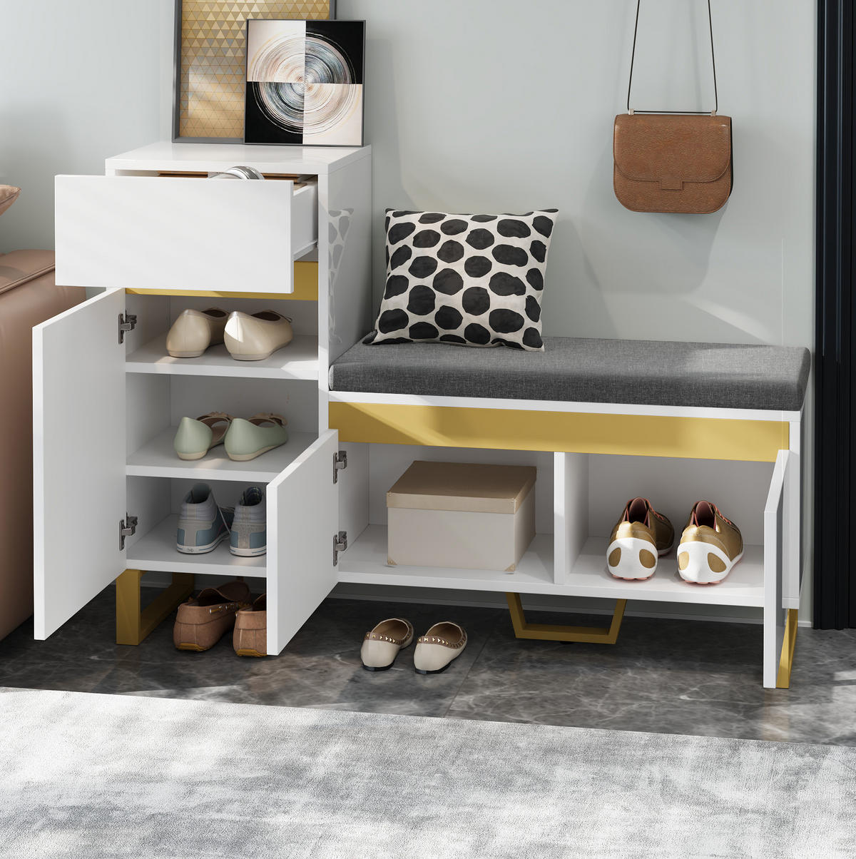 SCHUHSCHRANK mit Sitzkissen 120 x 35 x 85 cm MDF Weiß - Weiß, Holzwerkstoff (35/85/120cm) - Beauniv