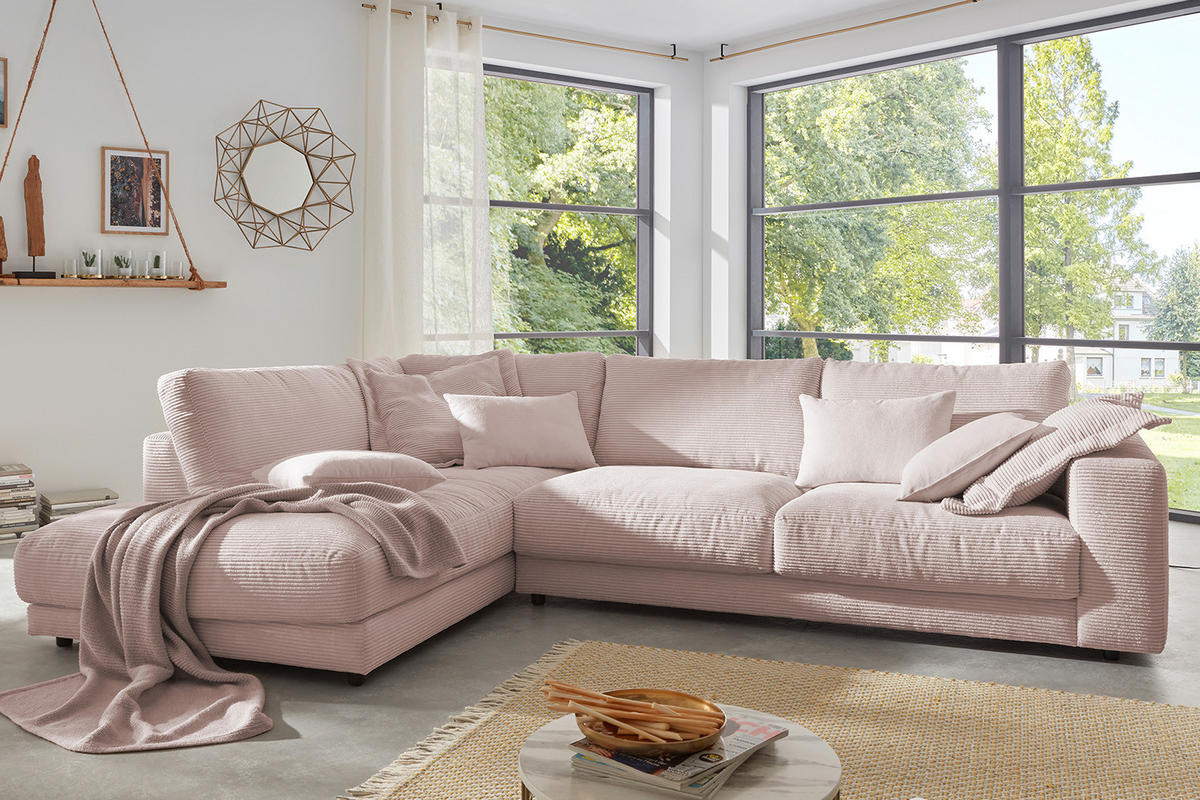ECKSOFA MADELINE Pink Cord - Pink/Schwarz, Kunststoff/Textil (325/224cm) - KAWOLA