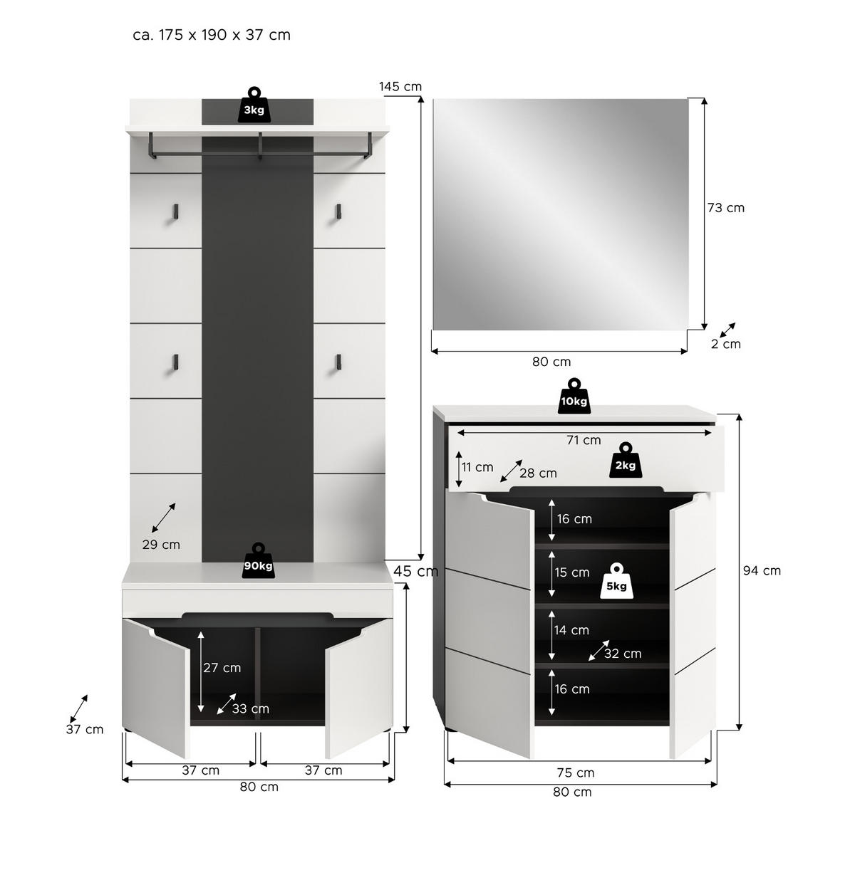 GARDEROBEN-SET 4-teilig weiß, grau 175 cm, Komplettset mit Soft-Close-Funktion, Cooper - Schwarz/Weiß, Glas/Holzwerkstoff (175/190/37cm) - Inn.Furn