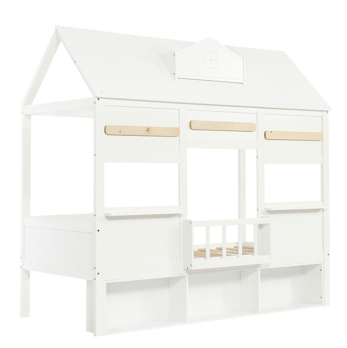 HOCHBETT 90/200 cm mit Bücherregal, stabilem Lattenrost und Hausdesign aus Massivholz und MDF, Weiß - Weiß, Holz (90/200cm) - Redom