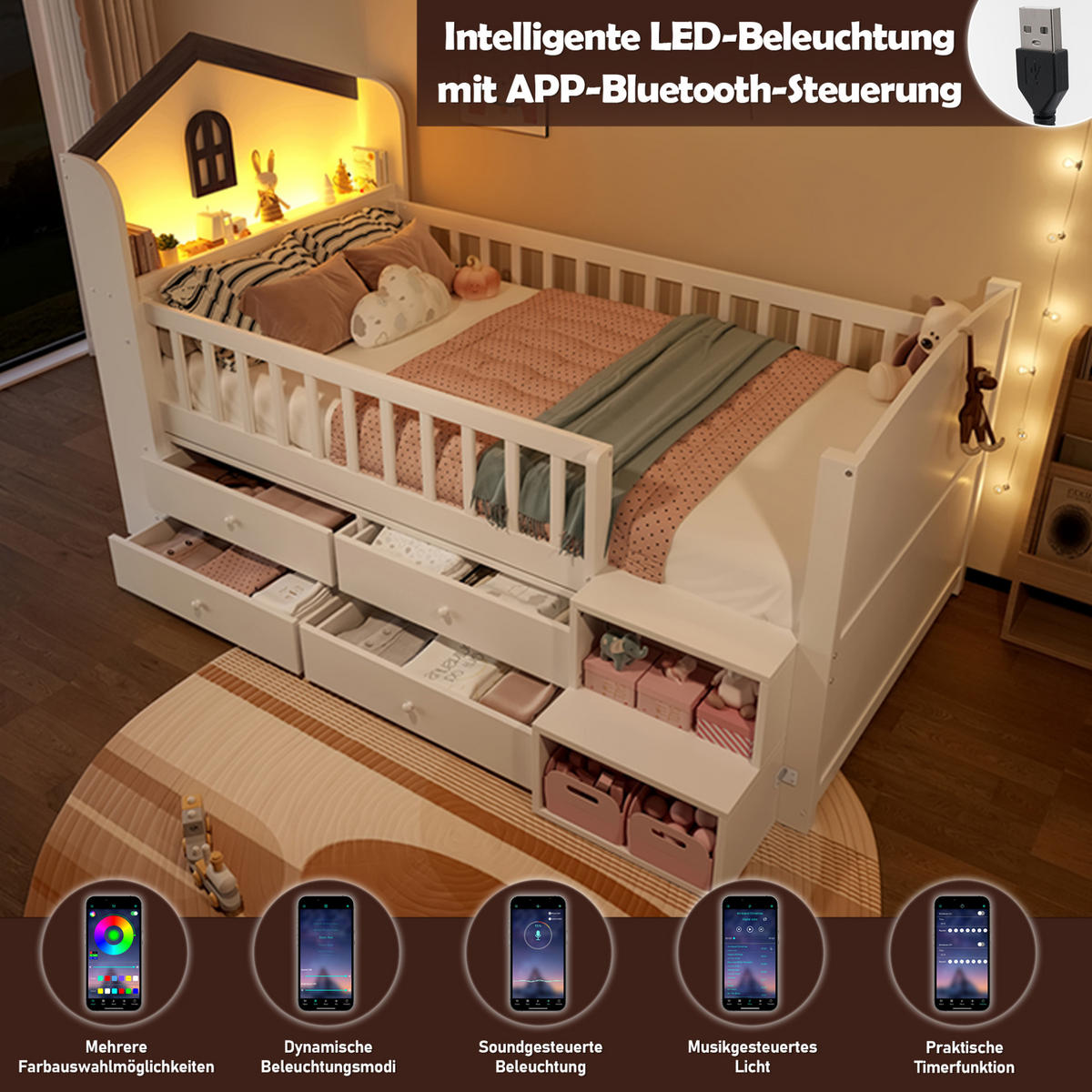 HALBHOHES Kinderbett 90/200 cm mit LED-Beleuchtung, 4 Schubladen, Regal-Leiter und Hausdesign aus Kiefernholz, Weiß - Weiß, Holz (90/200cm) - Redom