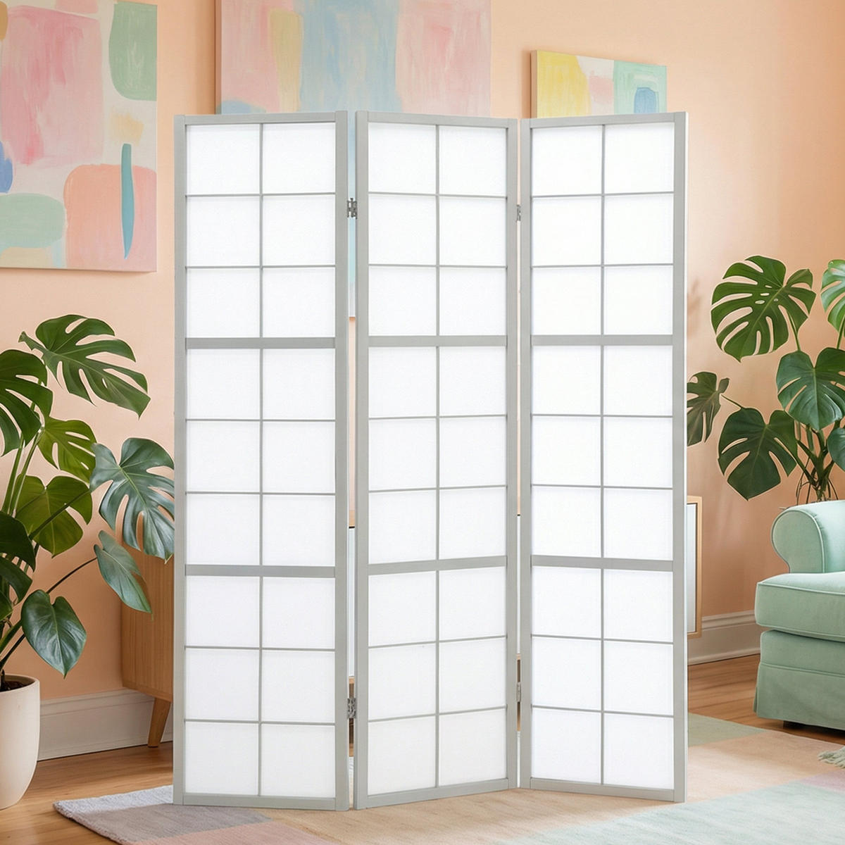 PARAVENT 3-tlg 132/179 cm Grau Holz Shoji - Grau, Holz (132/179/2cm) - Homestyle4u