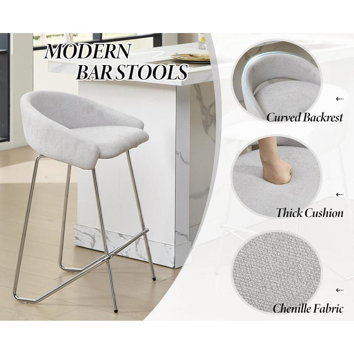 BARHOCKER 4er Set Chenille Grau mit Rückenlehne - Grau, Textil (54/83/50cm)