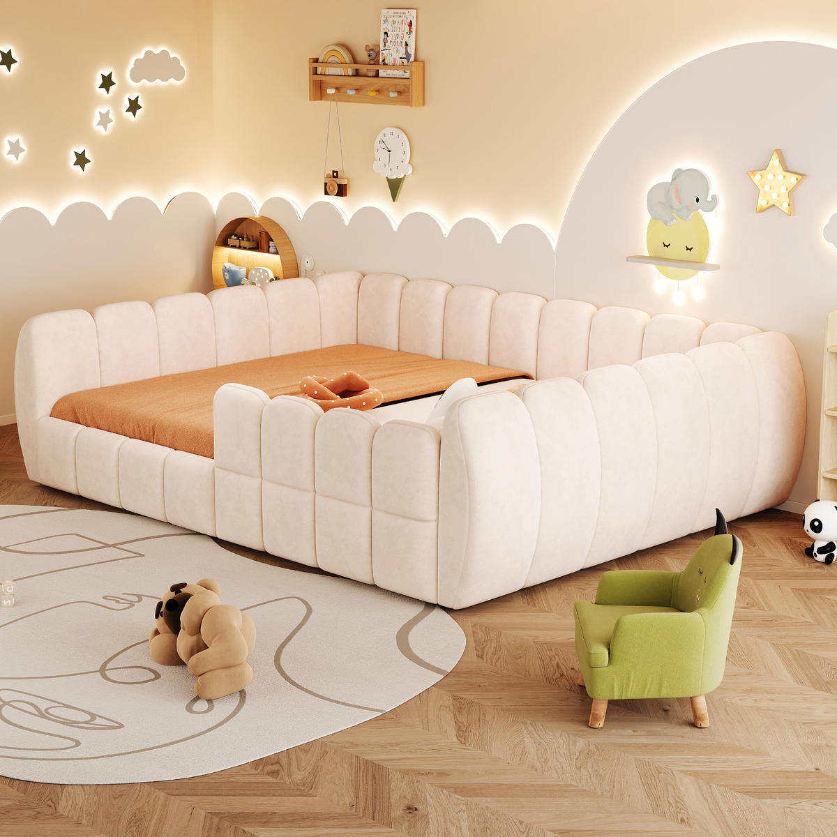 KINDERBETT 140x200cm Bodenbett Samt Rundschutz Beige - Beige, Textil (140/200cm) - FLIEKS