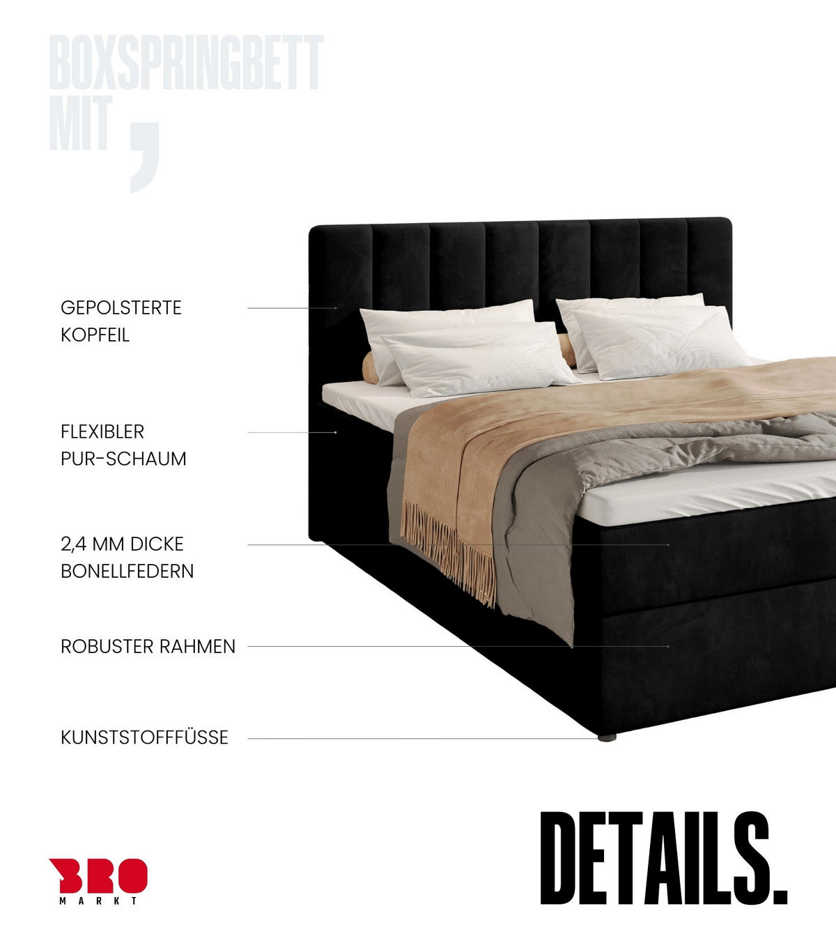 BOXBETT Denver mit Topper 140/200 Schwarz - Schwarz, Holzwerkstoff/Textil (140/200cm) - Bromarkt