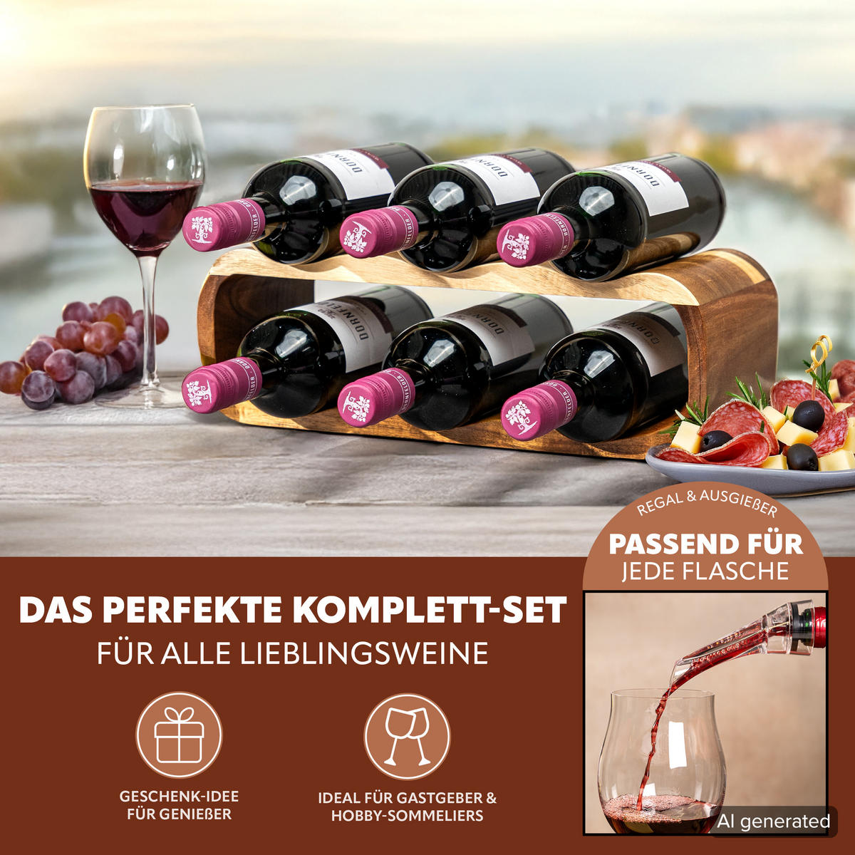 WEINREGAL-SET 6tlg, Akazienholz - Akaziefarben, Holz (38/12.5/16cm) - eluno
