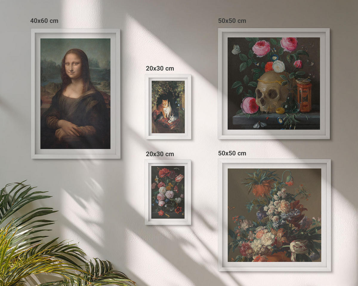 WANDBILDER 5er-Set - 50x50 cm & 20x30 cm & 40x60 cm Weißer Rahmen - Vintage Blumen Totenkopf Mona Lisa - Weiß, Kunststoff (40/60cm) - ArtPrintCave