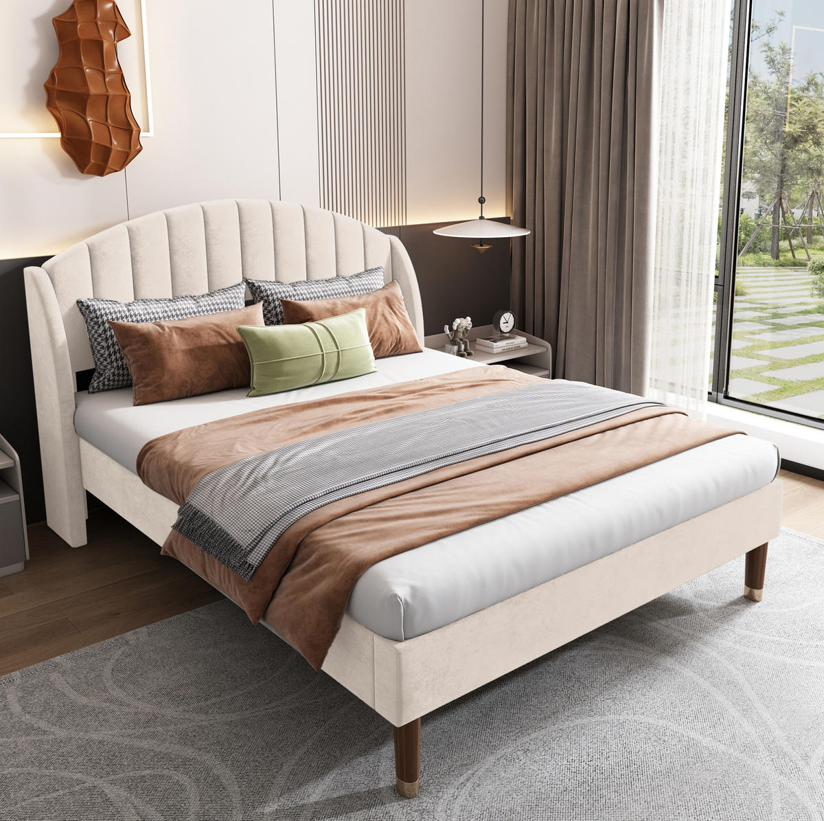 POLSTERBETT 140/190 cm aus Samt mit Lattenrost und gepolstertem Kopfteil Beige - Beige, Textil (140/190cm) - Modenvie