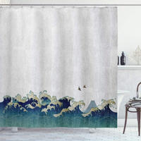 DUSCHVORHANG SET japanisch Stoff Creme Grau Blau Dekor Badezimmer mit Haken - Blau, Textil (180/180cm) - MCBOSON
