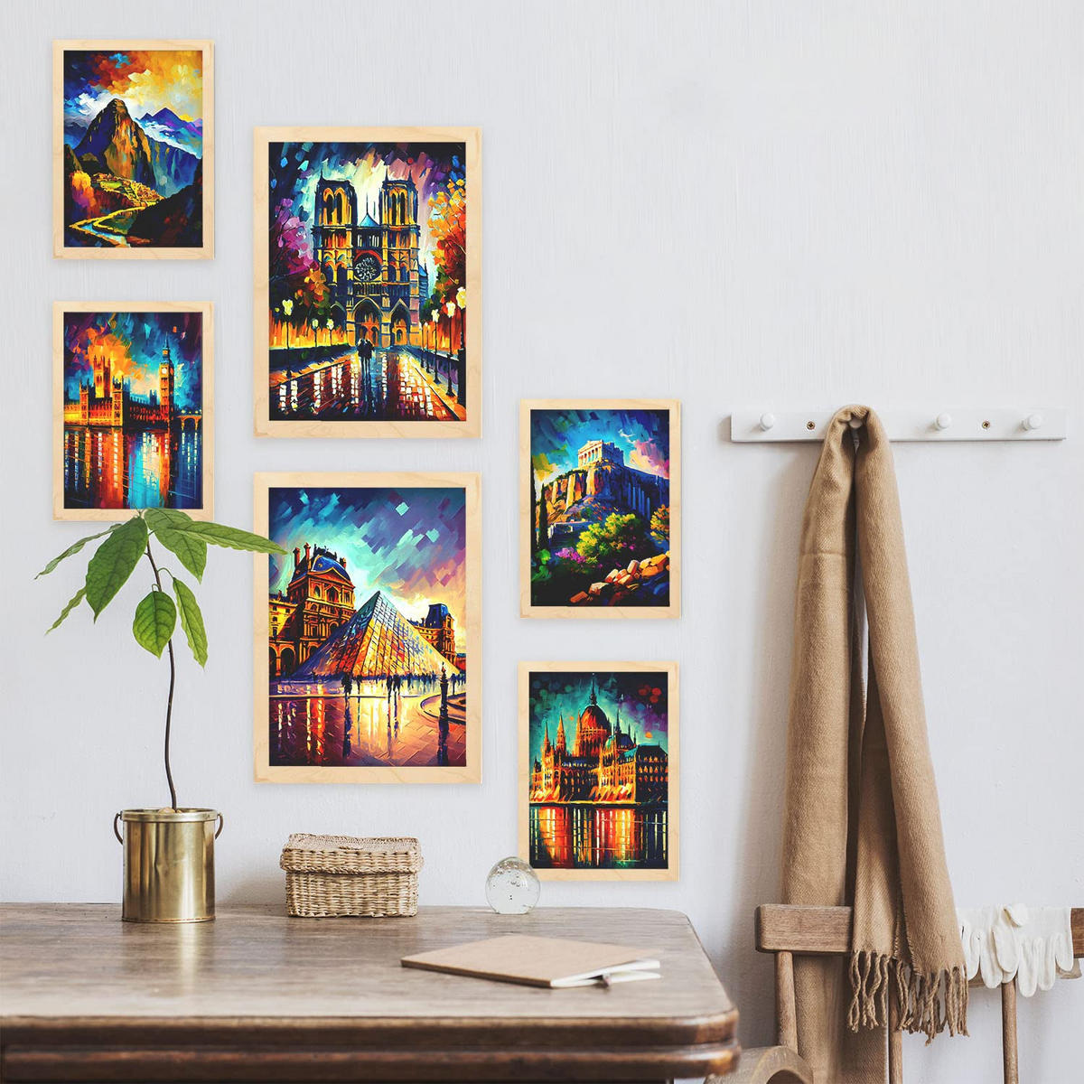 POSTER Set Mit 6 Linear Im Ölgemälde Stil A3 & A4 Rahmen Aus Hellem Holz - Beige, Papier (29/3cm) - Nacnic