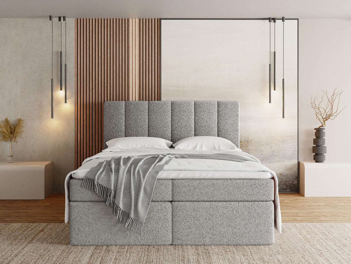 BOXBETT Amira mit Bettkasten, Grau Boucle 200x200 cm - inkl. H4 Matratze und H3 Foam Topper - Hellgrau/Grau, Holzwerkstoff/Kunststoff (200/200cm) - WFL GROUP