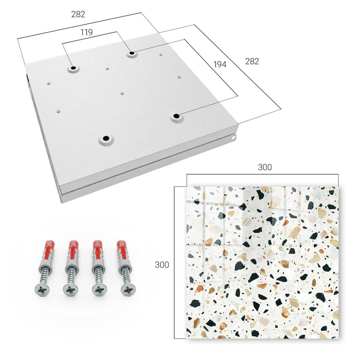 SCHLÜSSELBOX Weiß 30x30 cm – Türöffnung nach rechts - Terrazzo-Muster - Grau, Metall (30/30/5cm) - TULUP