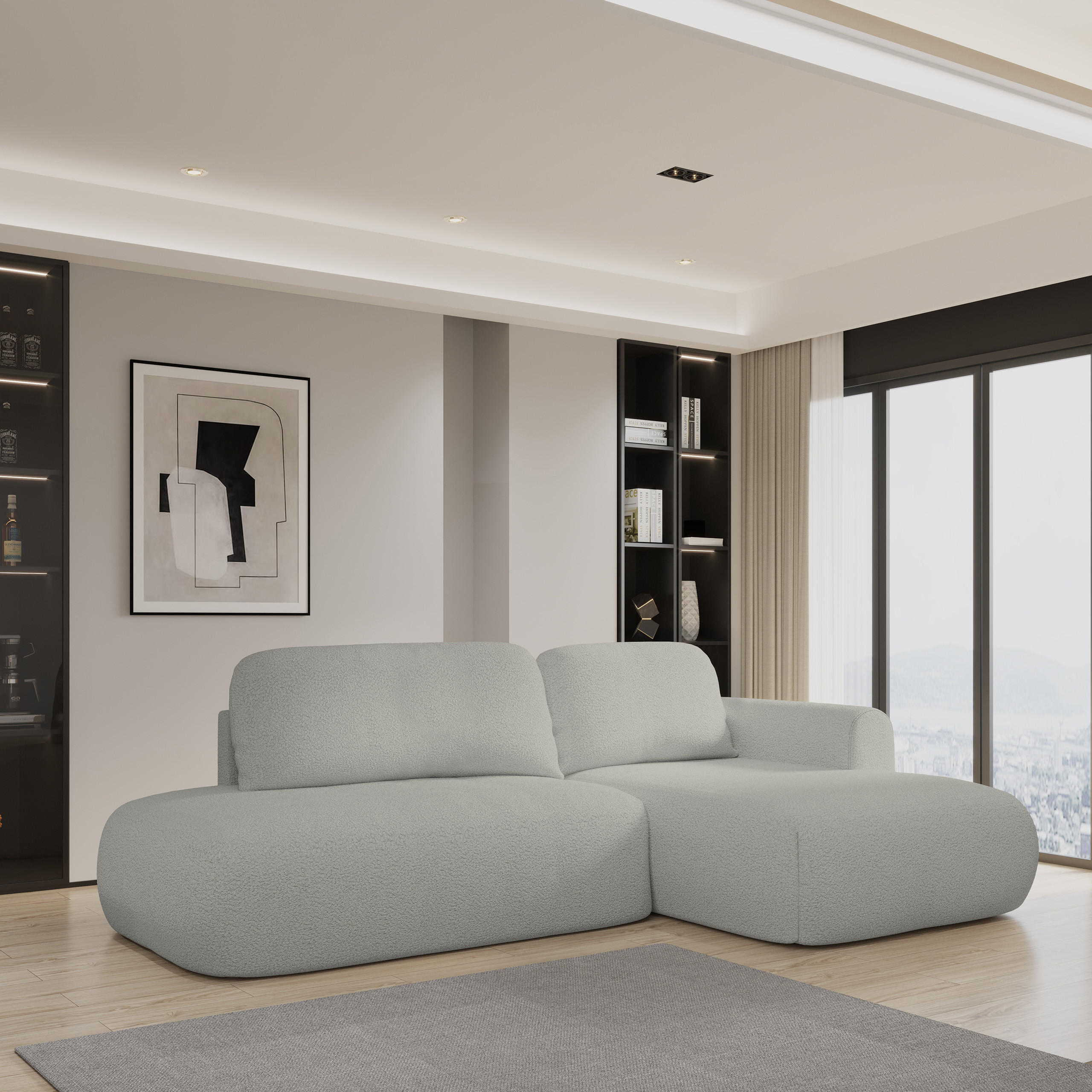ECKSOFA NUVIRA R-S Hellgrau Boucle-Stoff mit Schlaffunktion - Hellgrau, Holz (274/165cm) - MASSENO