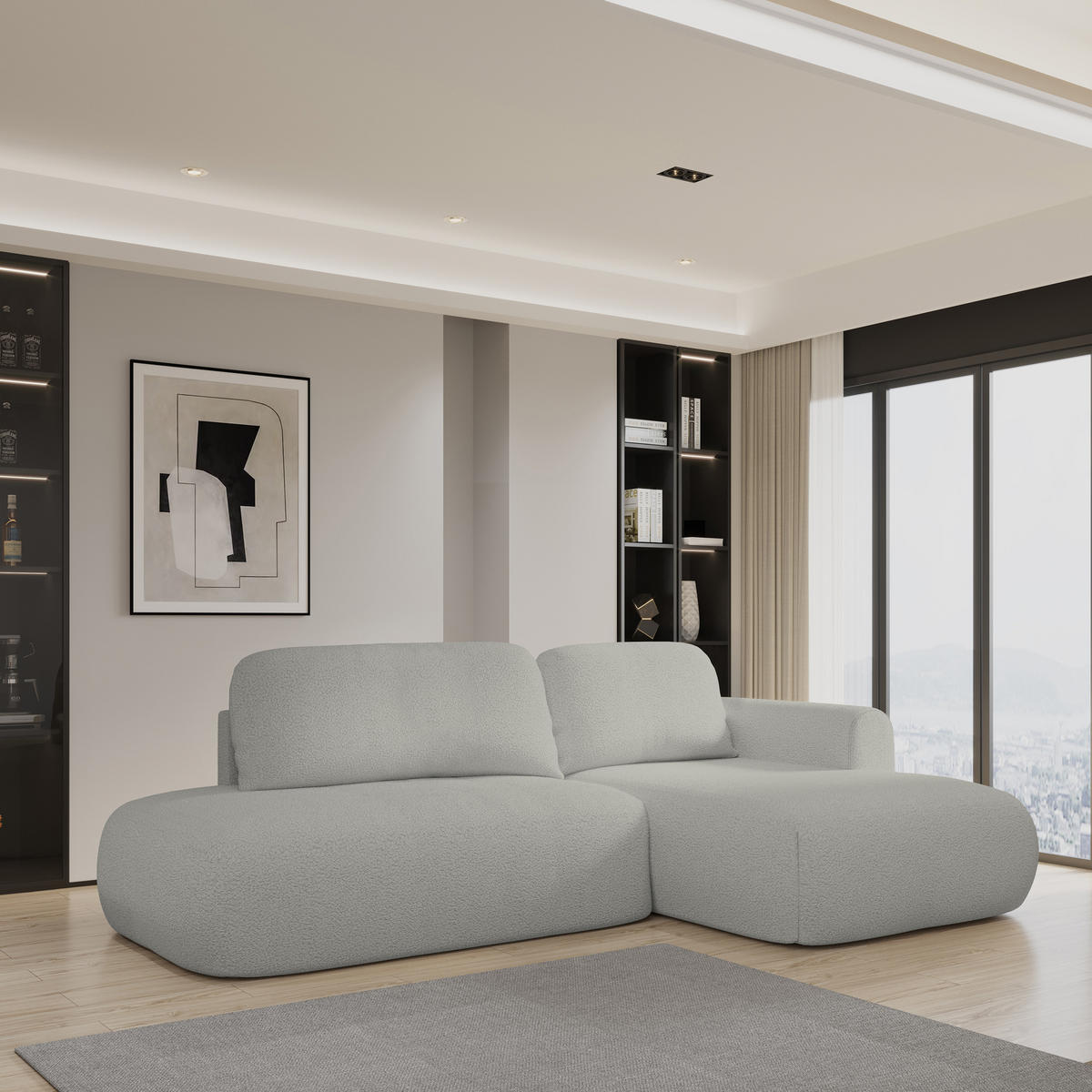 ECKSOFA NUVIRA R-S Hellgrau Boucle-Stoff mit Schlaffunktion - Hellgrau, Holz (274/165cm) - MASSENO