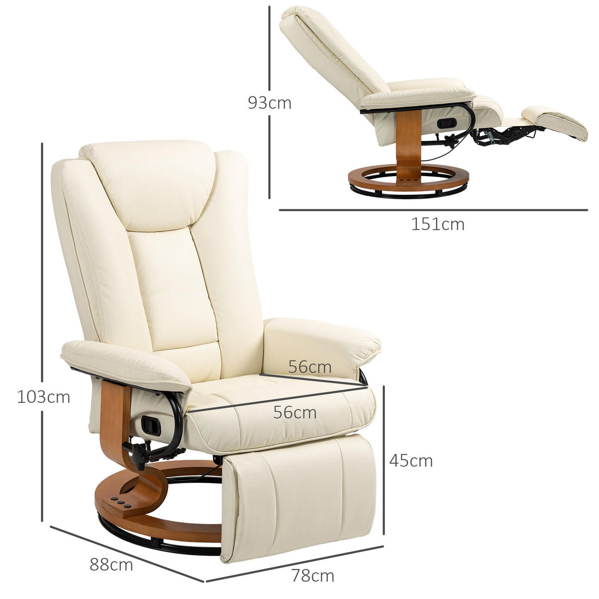 RELAXSESSEL Drehbar Fernsehsessel mit Liegefunktion, Fußstütze, Cremeweiß - Creme, Leder (88/103/78cm) - HOMCOM